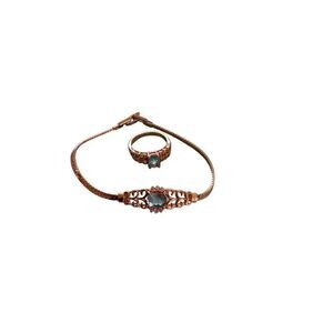 Avon Gold Tone Aquamarine Blue Gem Ring Bracelet Set Princess